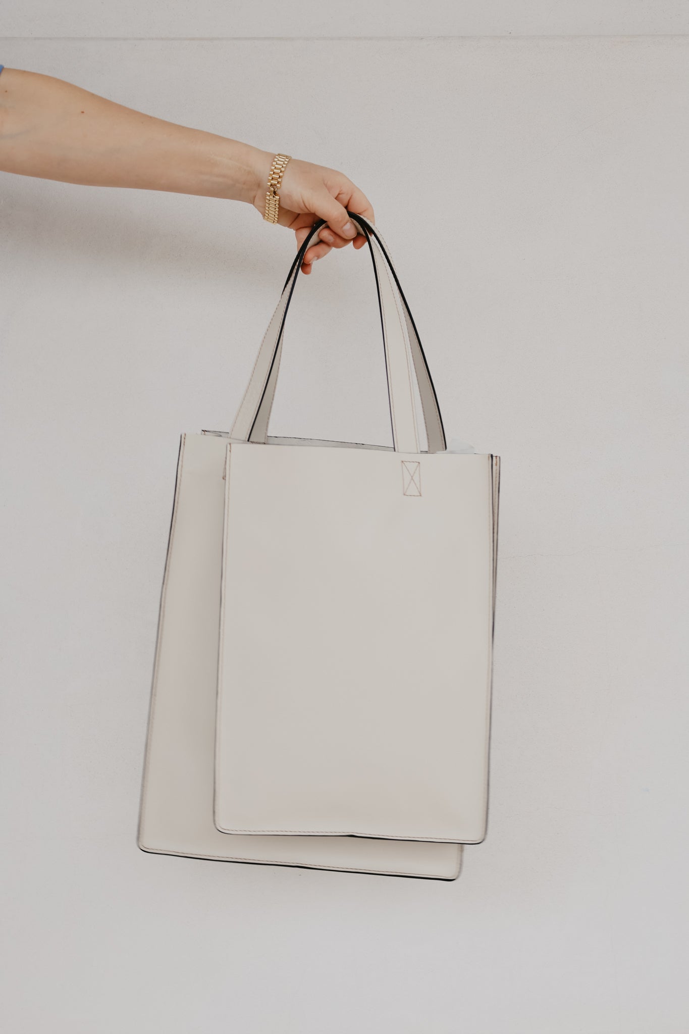 Double Shopper | Stitched Tricolor White