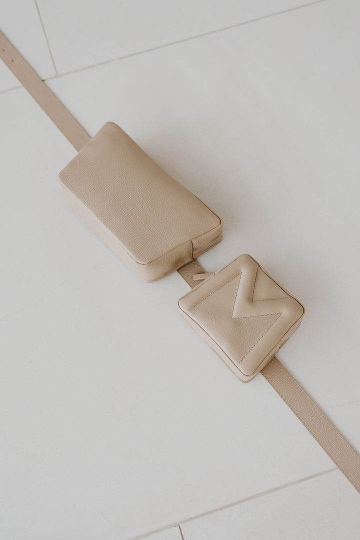 Belt Bag: Belt XL Beige Structured + Trapezium Beige Structured + Mini M Beige Structured