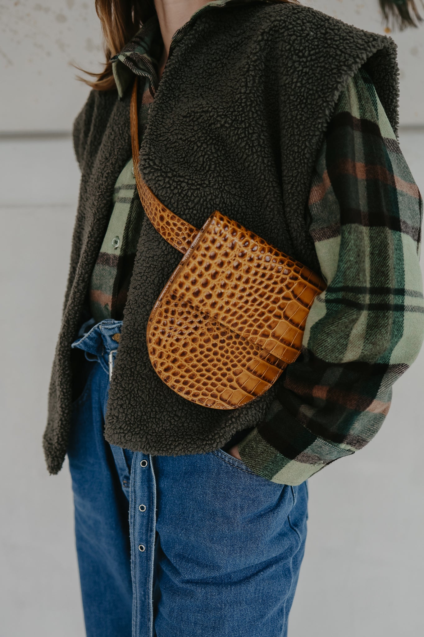 Belt Bag: Belt XL Walnut Croco + Half Moon Walnut Croco