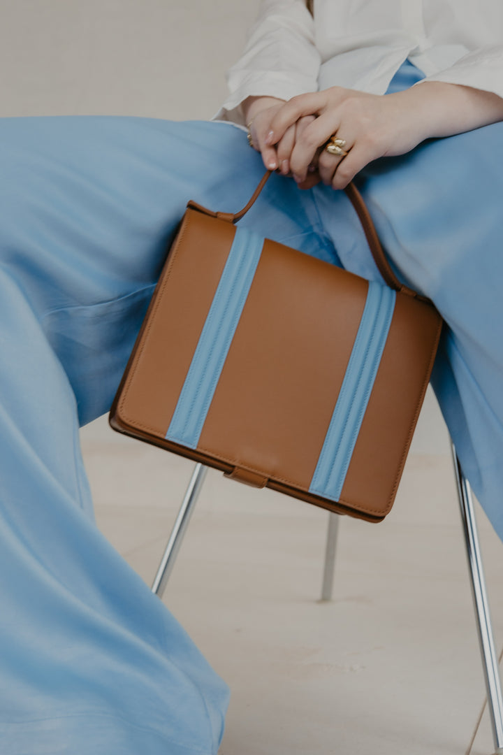 Mini Briefcase Doublé | Cognac / Bleu Ciel