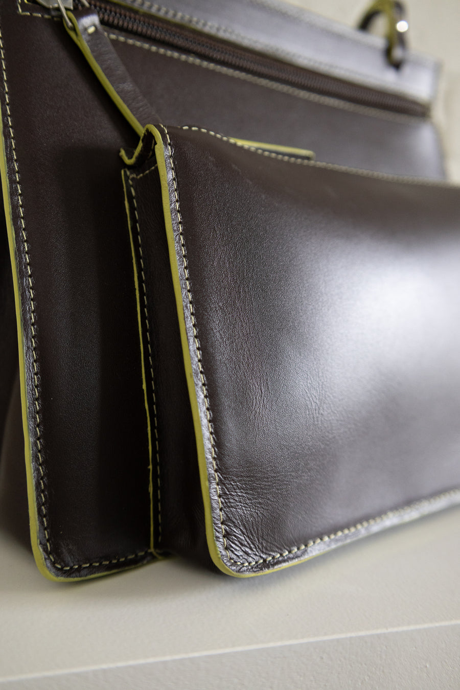 SS. Double Pouch Ebony Lime Stitched