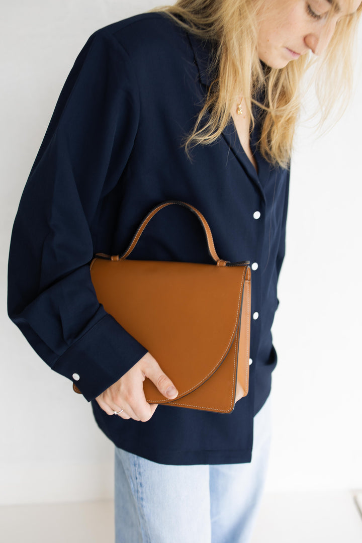 Mini Briefcase | Stitched Tricolor Cognac