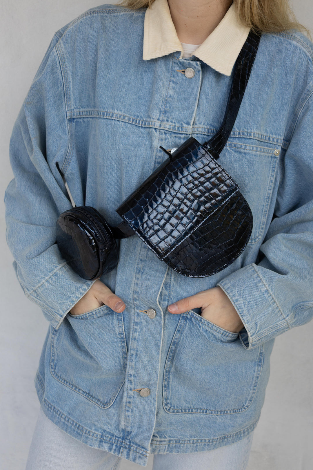 Belt Bag: The Belt Xl Night Blue Nacre Croco + Half Moon Night Blue Nacre Croco + Pastille Belt Night Blue Nacre Croco