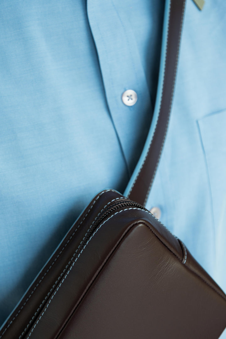 Belt Bag: The Belt XL Stitched Burgundy / Bleu Ciel + Trapezium Stitched Burgundy / Bleu Ciel