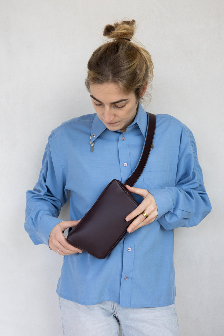 Belt Bag: The Belt XL Stitched Burgundy / Bleu Ciel + Trapezium Stitched Burgundy / Bleu Ciel